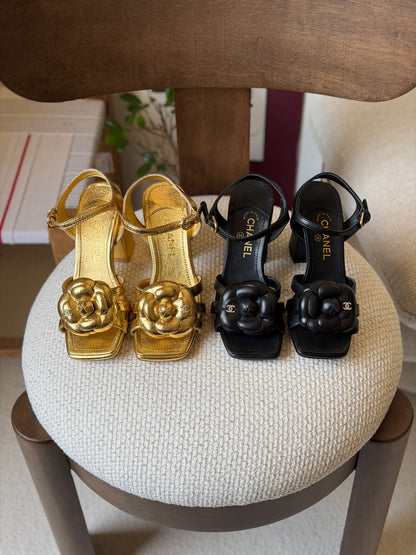 Chanel Crackled Laminated Calfskin Camellia Sandals