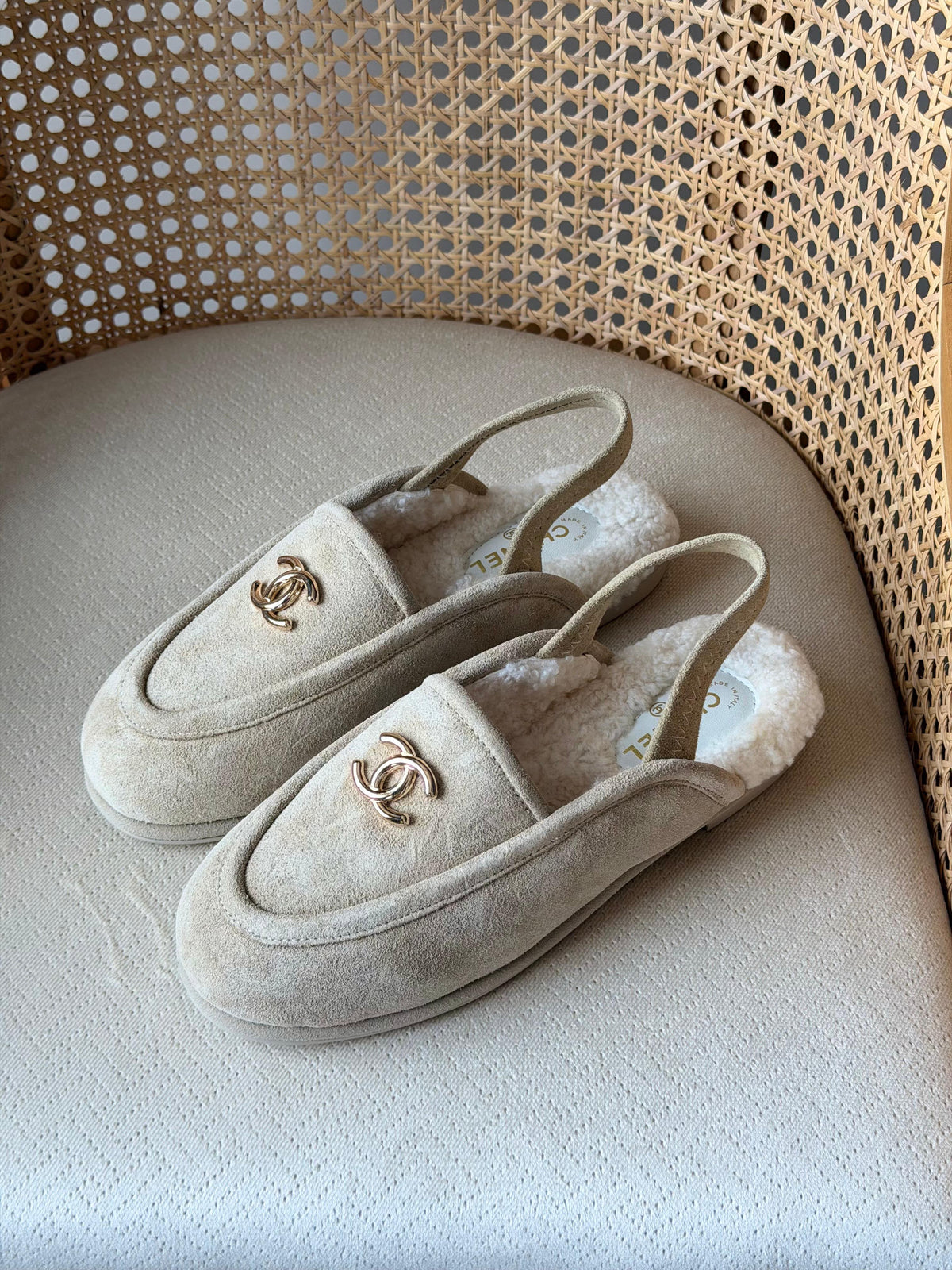 Chanel shearling-lined slingback loafers