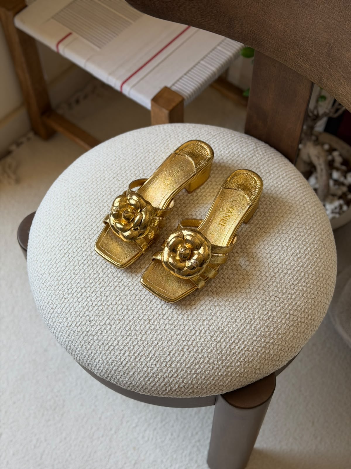 Chanel Crackled Laminated Calfskin Camellia Sandals