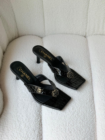 Chanel square-toe thong mule heels featuring