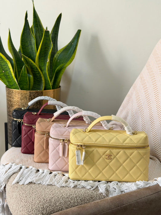 Chanel Metallic Quilted Caviar Long Vanity Cases with Chain 19 CM