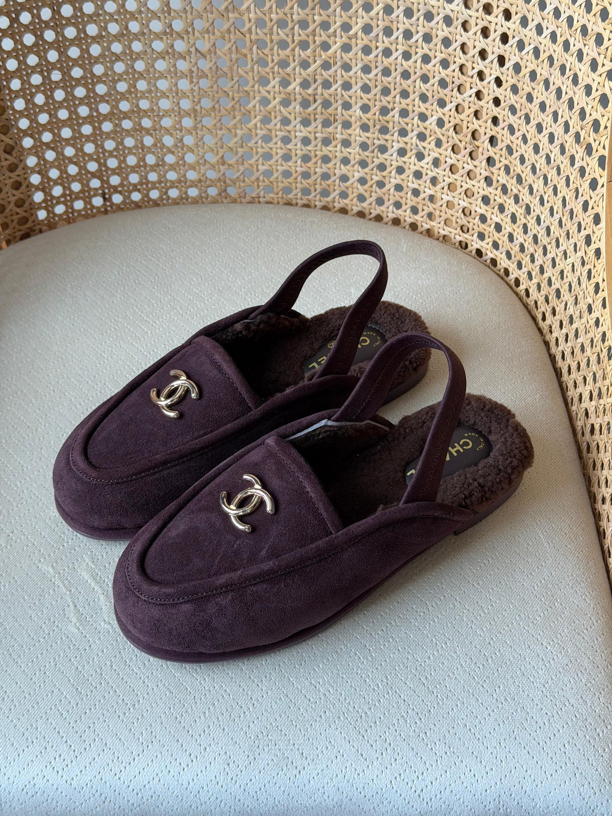 Chanel shearling-lined slingback loafers