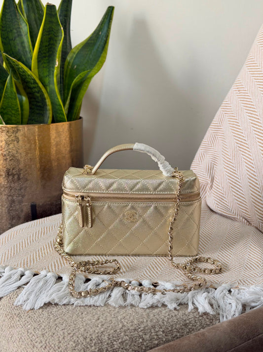 Chanel Metallic Quilted Caviar Long Vanity Cases with Chain 19 CM