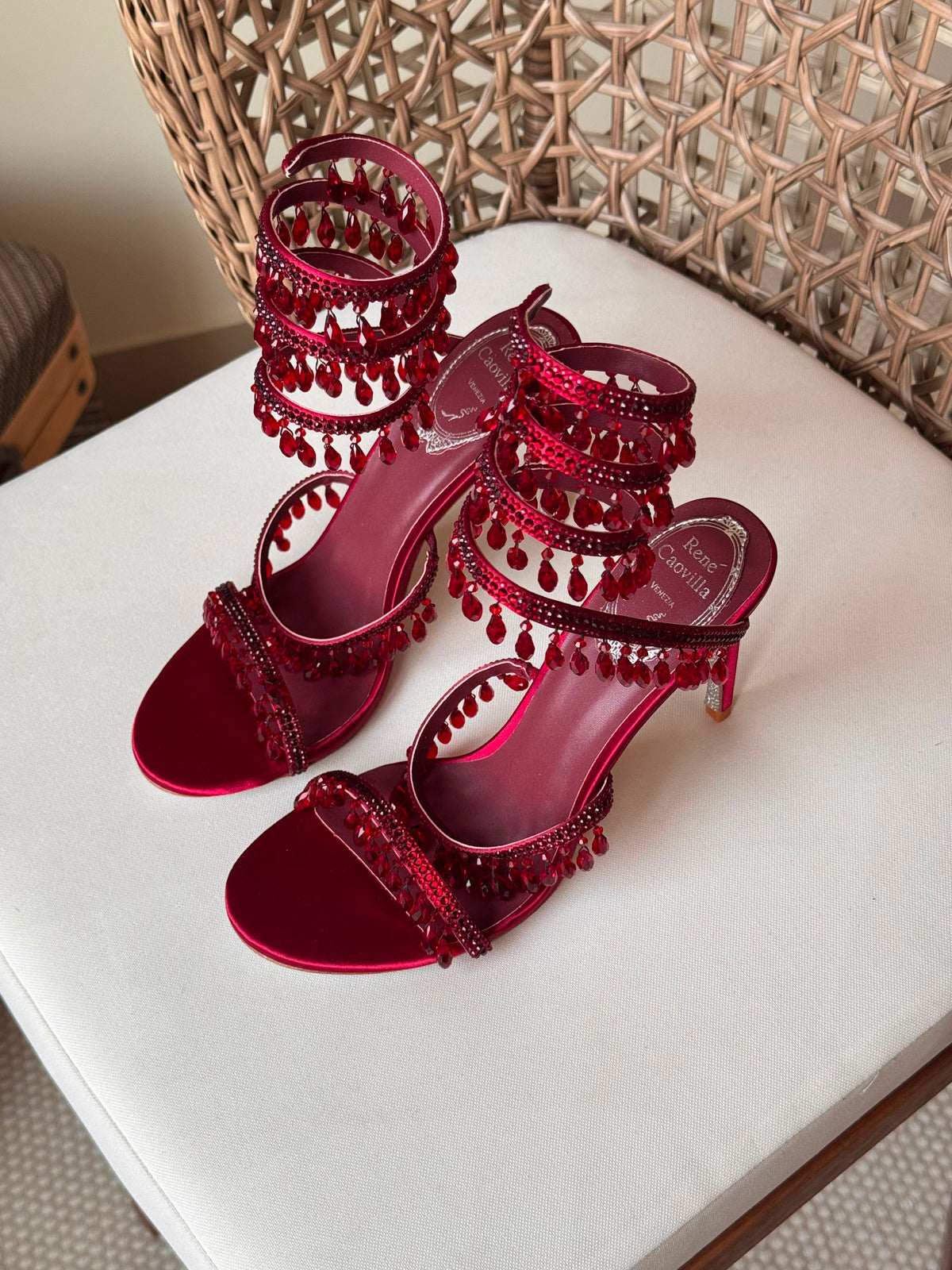René Caovilla burgundy satin Chandelier heeled