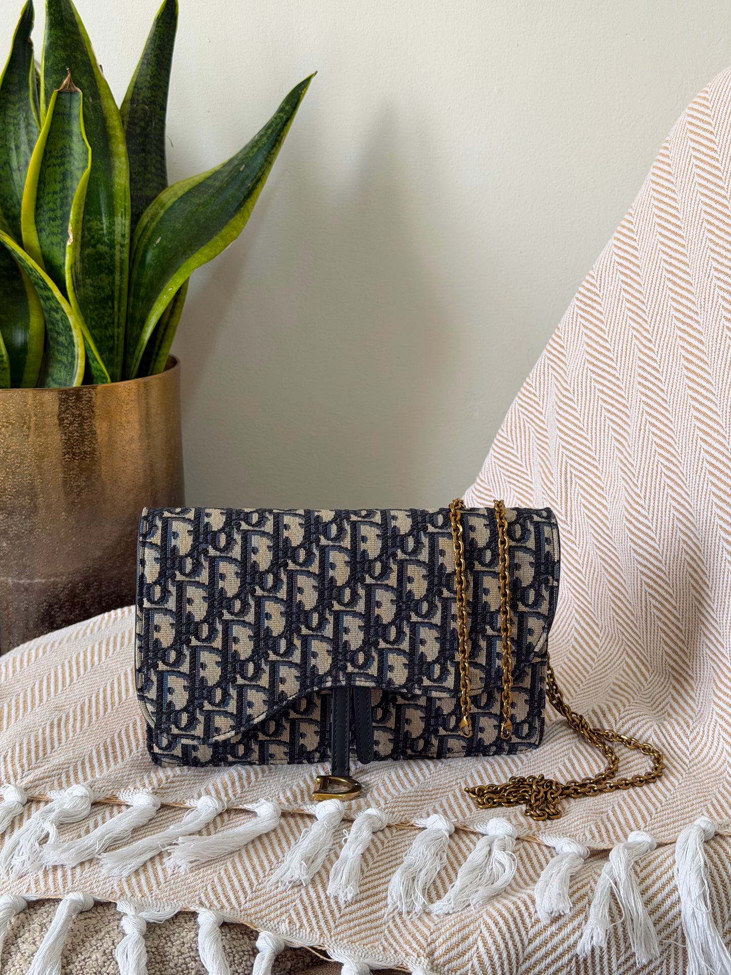 Christian Dior Navy Blue Oblique Saddle Wallet on Chain 22 CM