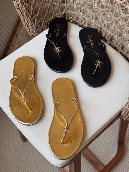 Chanel Leather Thong Sandal Sliders – Luxury Minimalist CC Charm Summer Flats