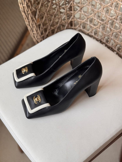 Chanel Contrast Square-Toe Block Heels – Premium Leather Vintage Luxury Pumps