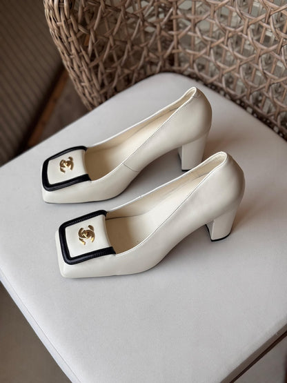Chanel Contrast Square-Toe Block Heels – Premium Leather Vintage Luxury Pumps