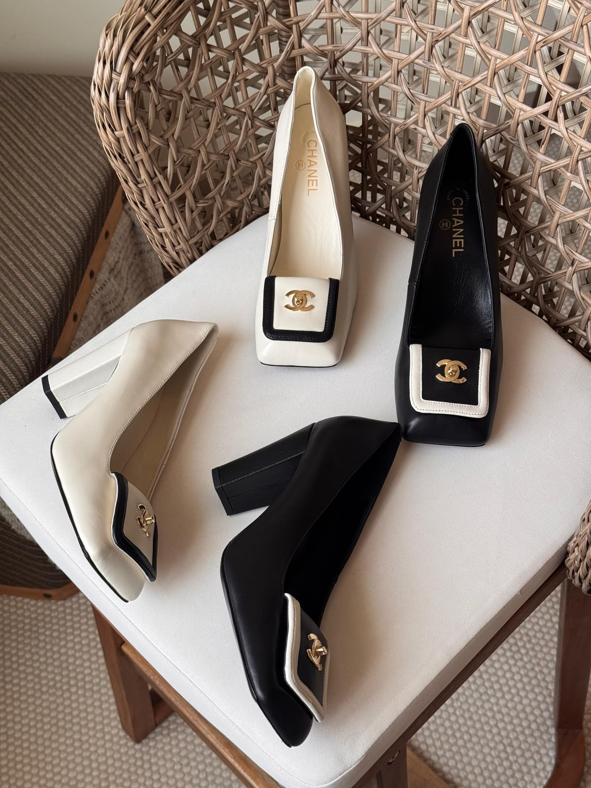 Chanel Contrast Square-Toe Block Heels – Premium Leather Vintage Luxury Pumps