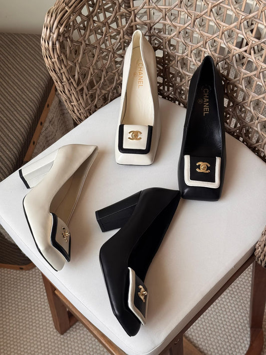 Chanel Contrast Square-Toe Block Heels – Premium Leather Vintage Luxury Pumps