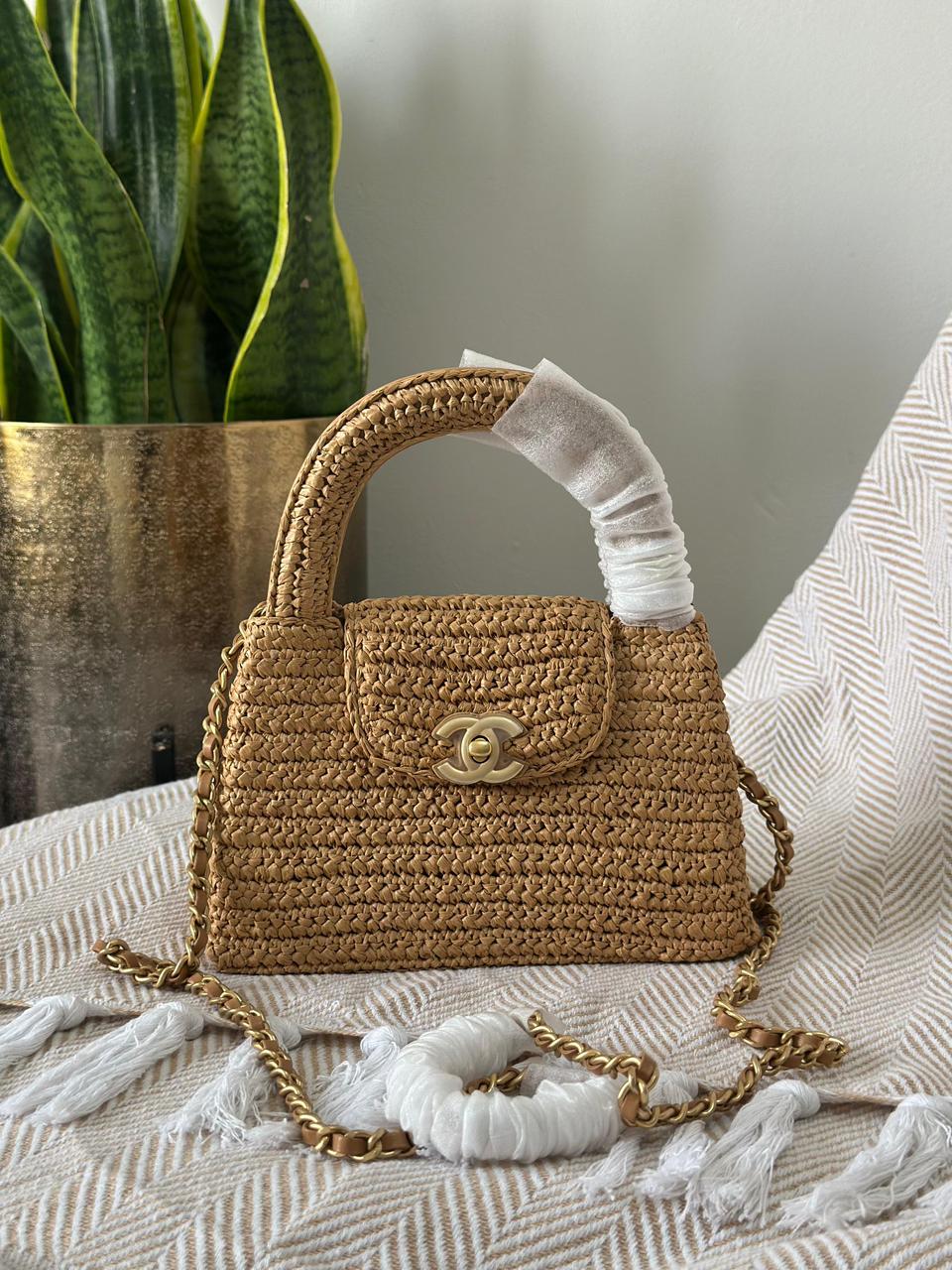 Chanel Woven Raffia Small Top Handle Flap Bag with Chain Strap – Natural Tan