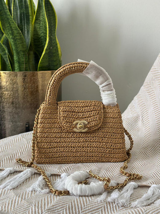 Chanel Woven Raffia Small Top Handle Flap Bag with Chain Strap – Natural Tan
