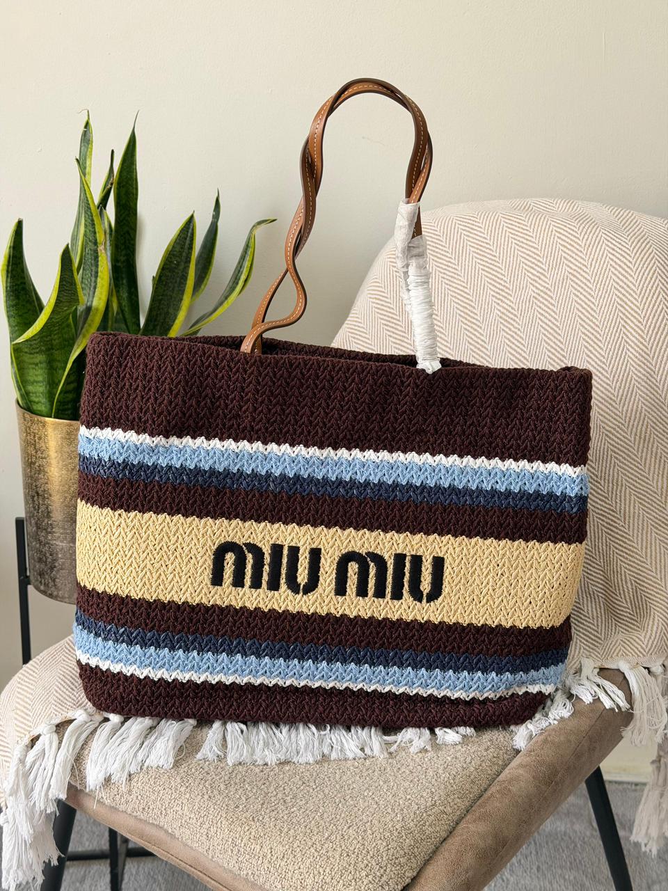 Miu Miu Crochet Knit Striped Large Tote Bag – Chocolate Brown & Blue