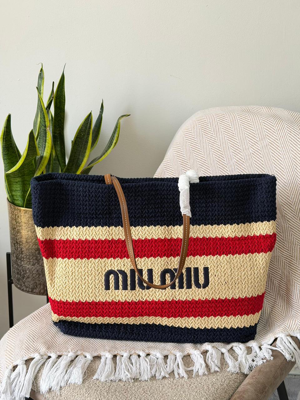 Miu Miu Crochet Knit Striped Large Tote Bag – Navy Blue & Red
