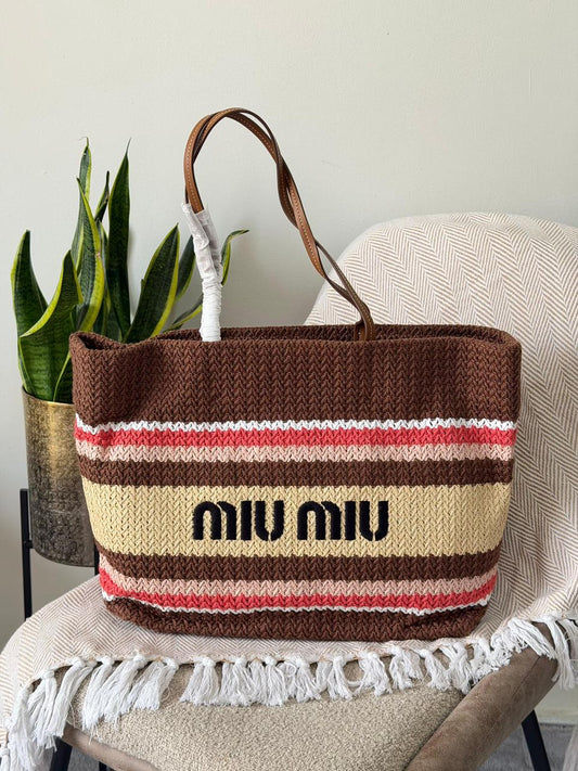 Miu Miu Crochet Knit Striped Large Tote Bag – Burgundy & Jewel Multicolor