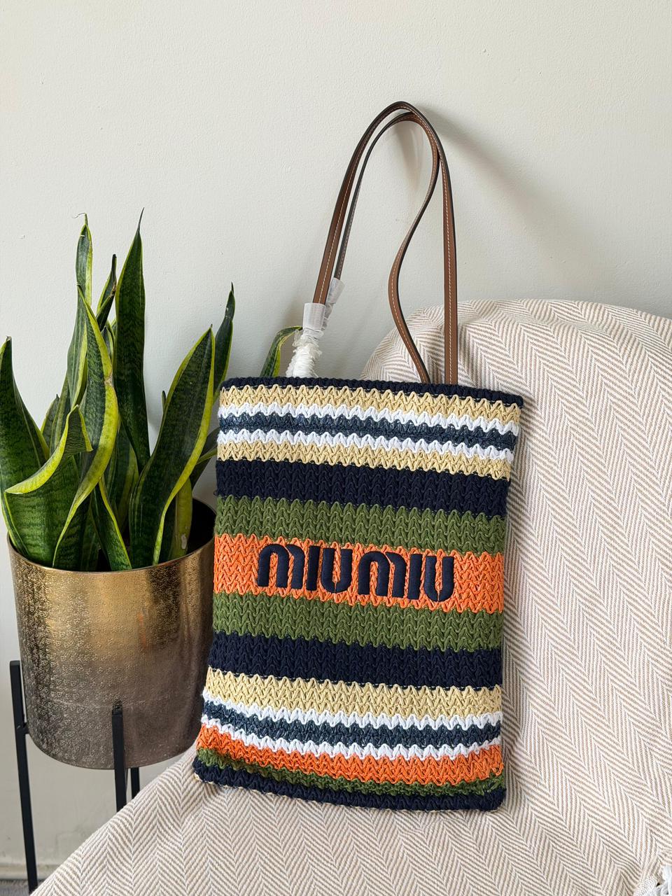 Miu Miu Crochet Knit Vertical Shopping Tote Bag – Earthy Multicolor