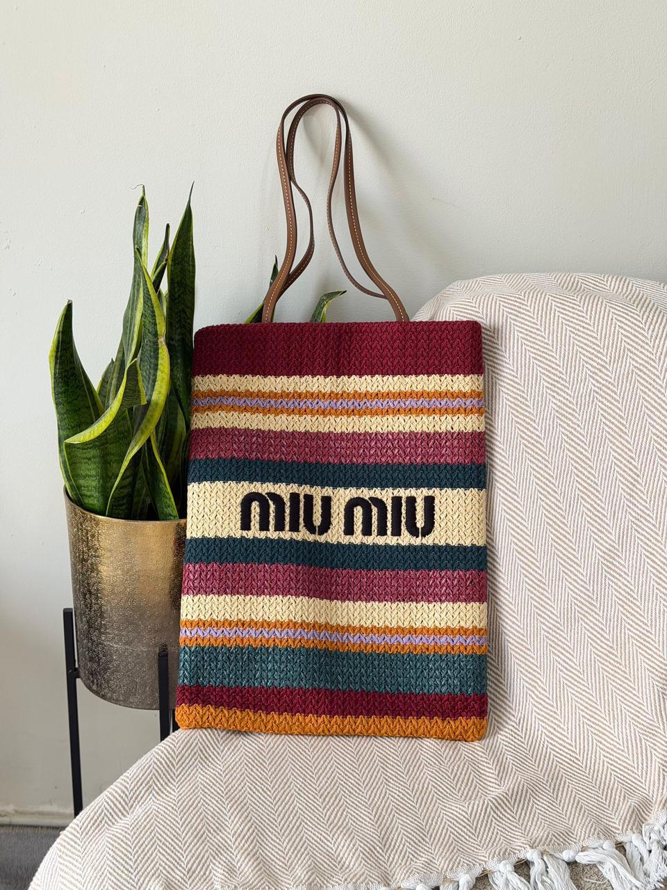 Miu Miu Crochet Knit Vertical Shopping Tote Bag – Burgundy & Jewel Multic