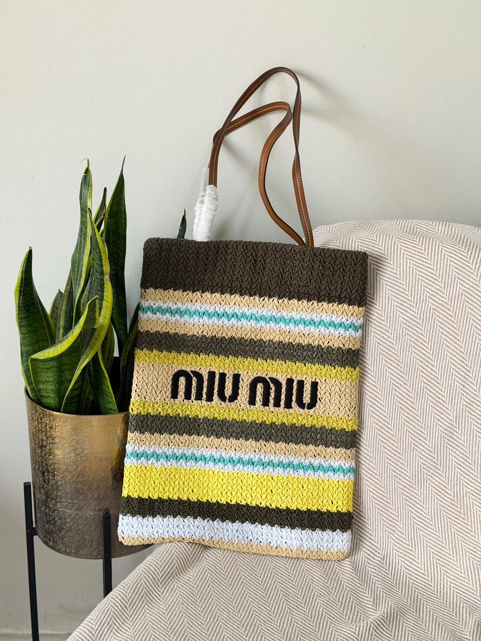 Miu Miu Crochet Knit Vertical Shopping Tote Bag – Olive, Yellow & Turquoise Multicolor
