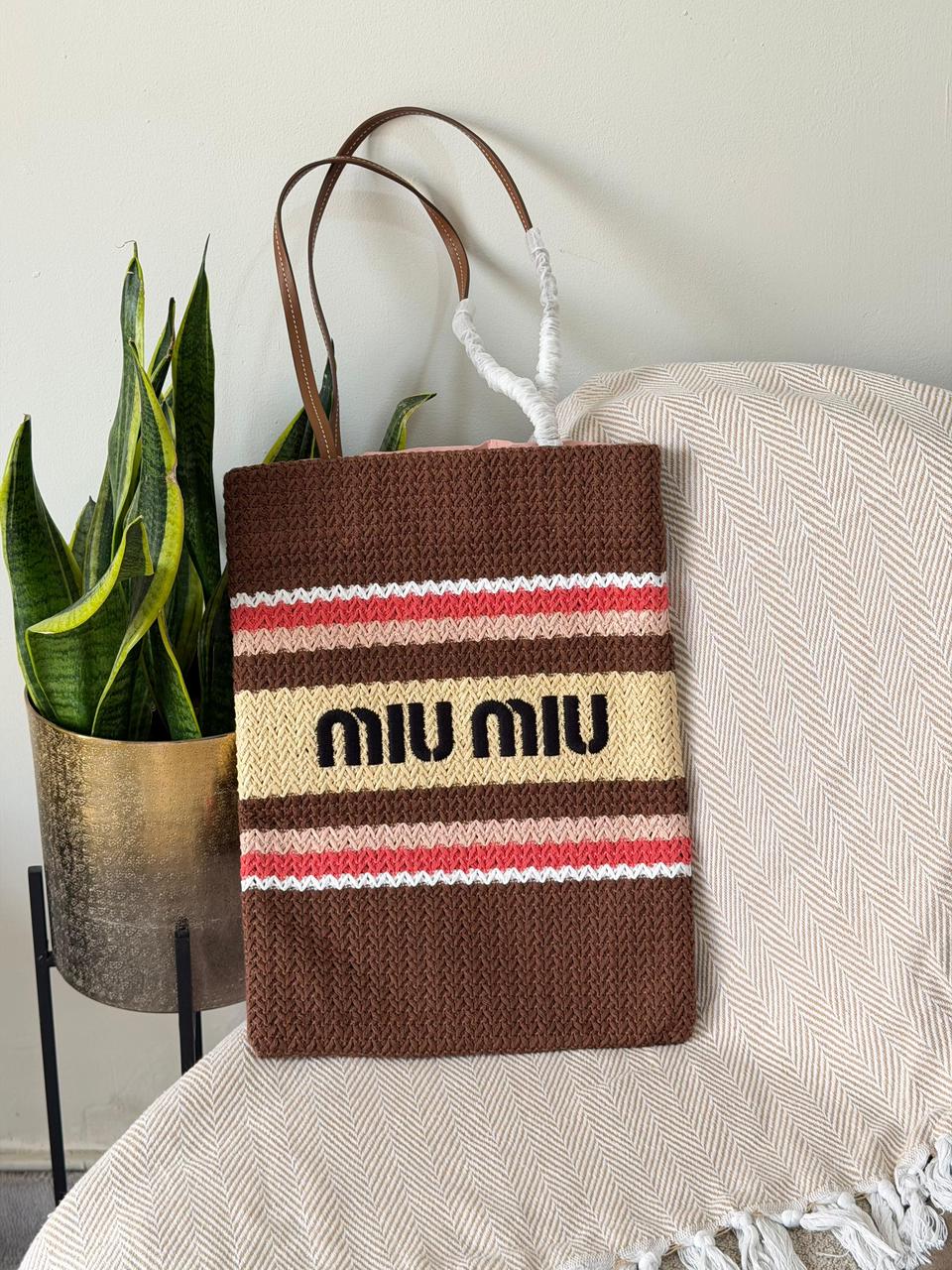Miu Miu Crochet Knit Vertical Shopping Tote Bag – Chocolate Brown, Red & Pink