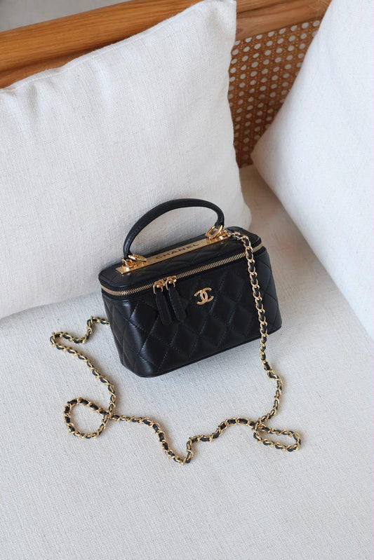 Chanel Trendy CC Quilted Lambskin Vanity Case Bag with Top Handle – Classic Black with Gold Hardware