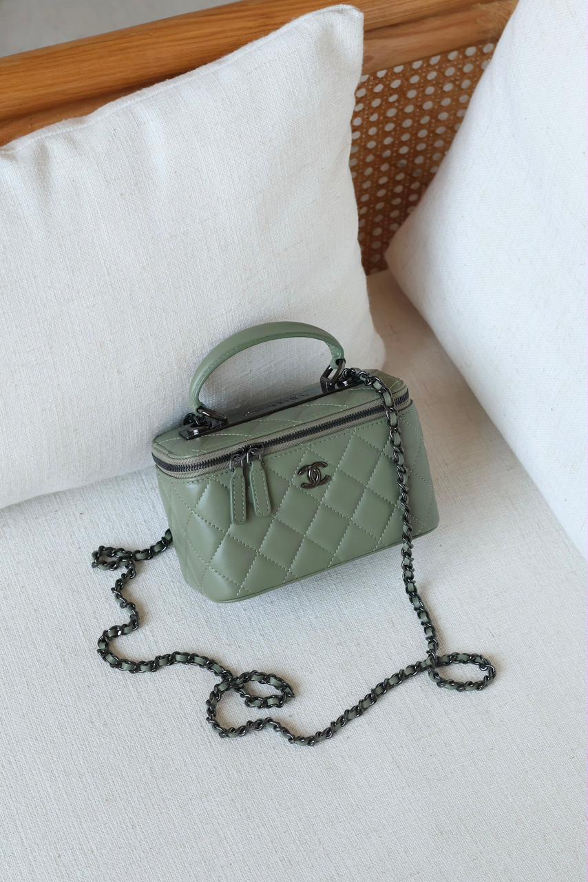 Chanel Trendy CC Quilted Lambskin Vanity Case Bag with Top Handle – Sage Green with Gunmetal Hardware