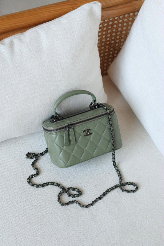 Chanel Trendy CC Quilted Lambskin Vanity Case Bag with Top Handle – Sage Green with Gunmetal Hardware