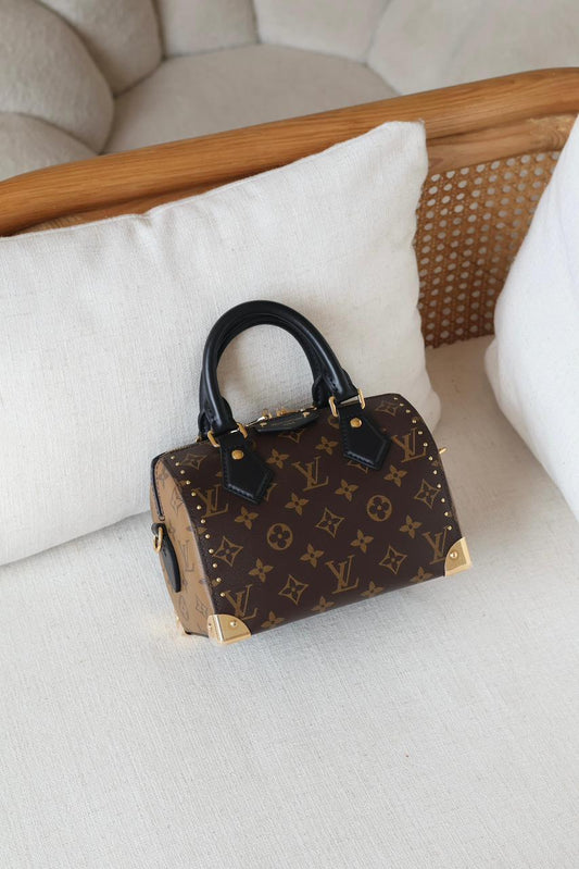 Louis Vuitton Monogram Speedy Bandoulière Trunk 20 Bag – Brown Canvas with Gold Studs & Metal Corners