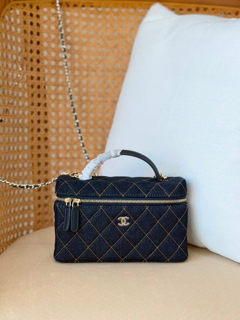 Chanel Quilted Denim Medium Rectangular Vanity Case Bag with Top Handle – Dark Wash Blue Denim