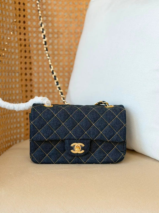Chanel Classic Quilted Denim Mini Flap Bag – Dark Wash Blue with Gold Hardware