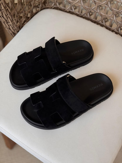 Hermès Chypre Matte Suede & Leather Flat Sandals – Ultimate Luxury Comfort Slide Collection