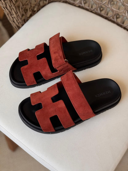 Hermès Chypre Matte Suede & Leather Flat Sandals – Ultimate Luxury Comfort Slide Collection
