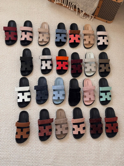 Hermès Chypre Matte Suede & Leather Flat Sandals – Ultimate Luxury Comfort Slide Collection