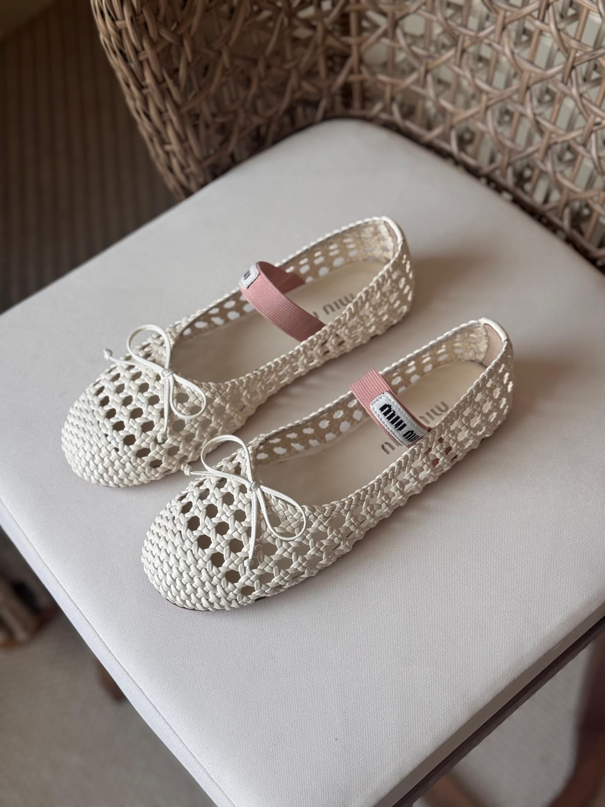 Miu Miu Woven Mesh Mary Jane Ballet Flats – Premium Logo Strap Ballerinas