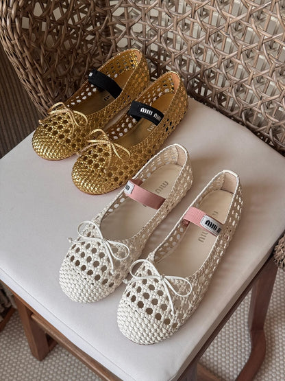 Miu Miu Woven Mesh Mary Jane Ballet Flats – Premium Logo Strap Ballerinas