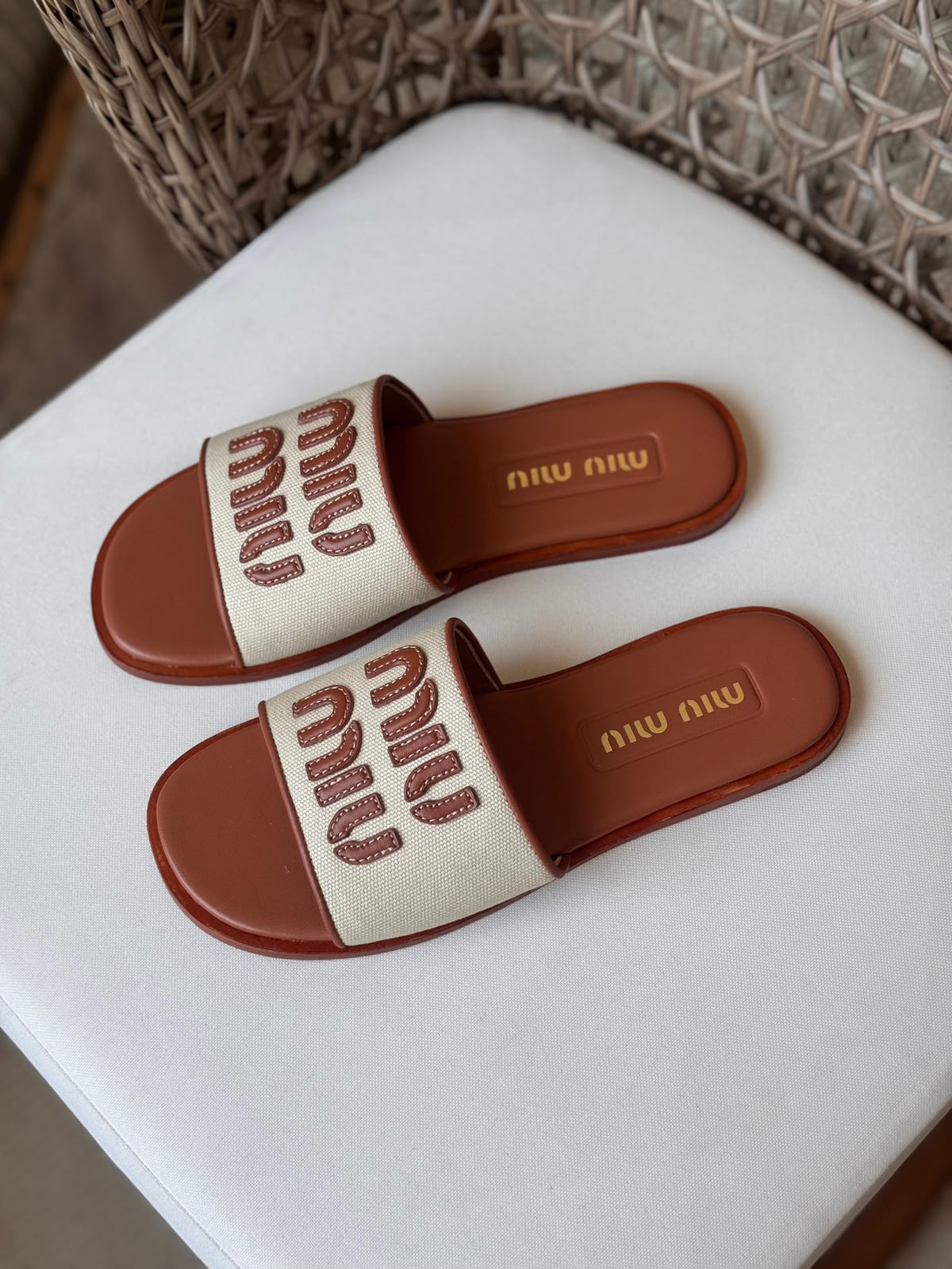Miu Miu Embossed Logo Canvas Slide Sandals – Premium Summer Flat Sliders
