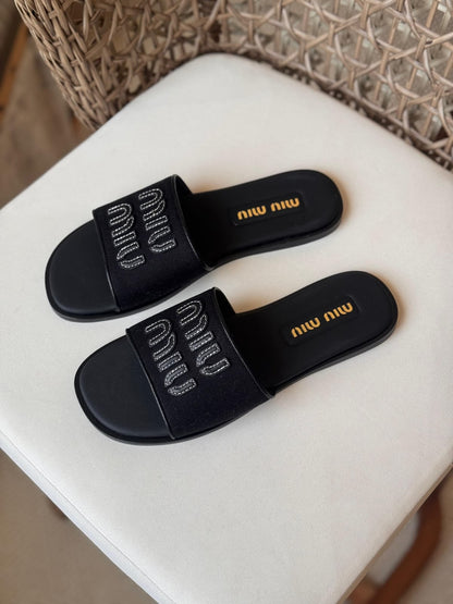 Miu Miu Embossed Logo Canvas Slide Sandals – Premium Summer Flat Sliders