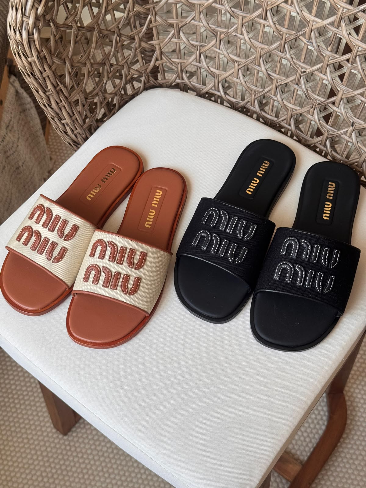 Miu Miu Embossed Logo Canvas Slide Sandals – Premium Summer Flat Sliders