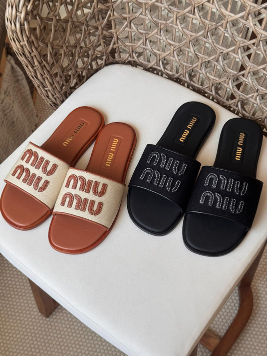 Miu Miu Embossed Logo Canvas Slide Sandals – Premium Summer Flat Sliders