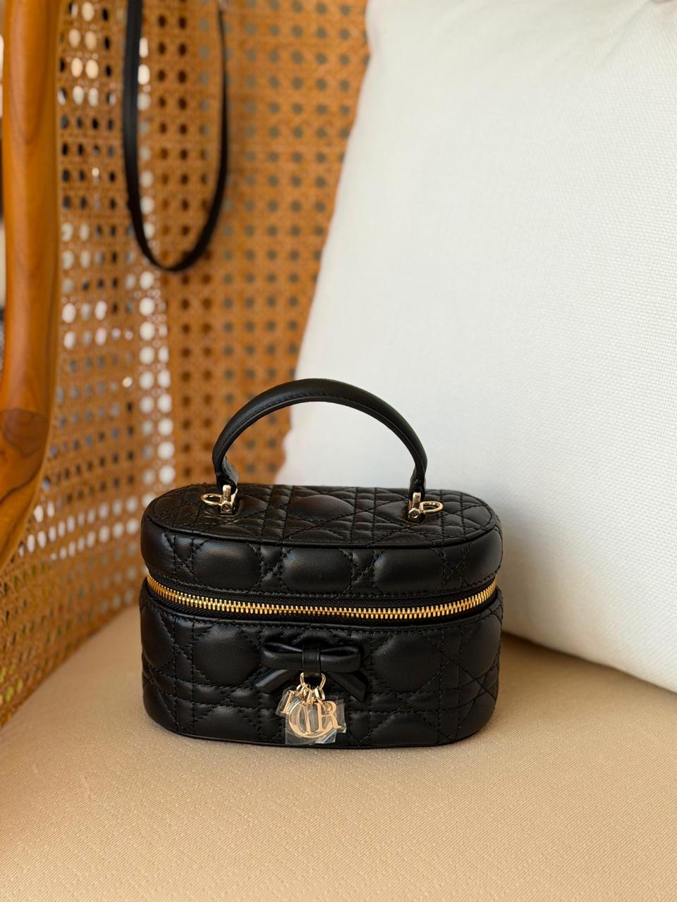 Dior Lady Cannage Quilted Leather Mini Vanity Case Bag – Luxury Bow Charm Top Handle