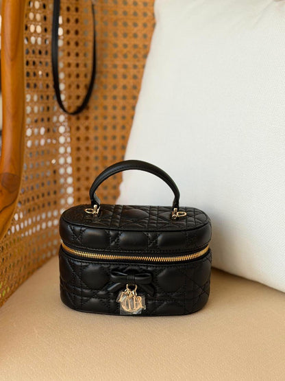 Dior Lady Cannage Quilted Leather Mini Vanity Case Bag – Luxury Bow Charm Top Handle