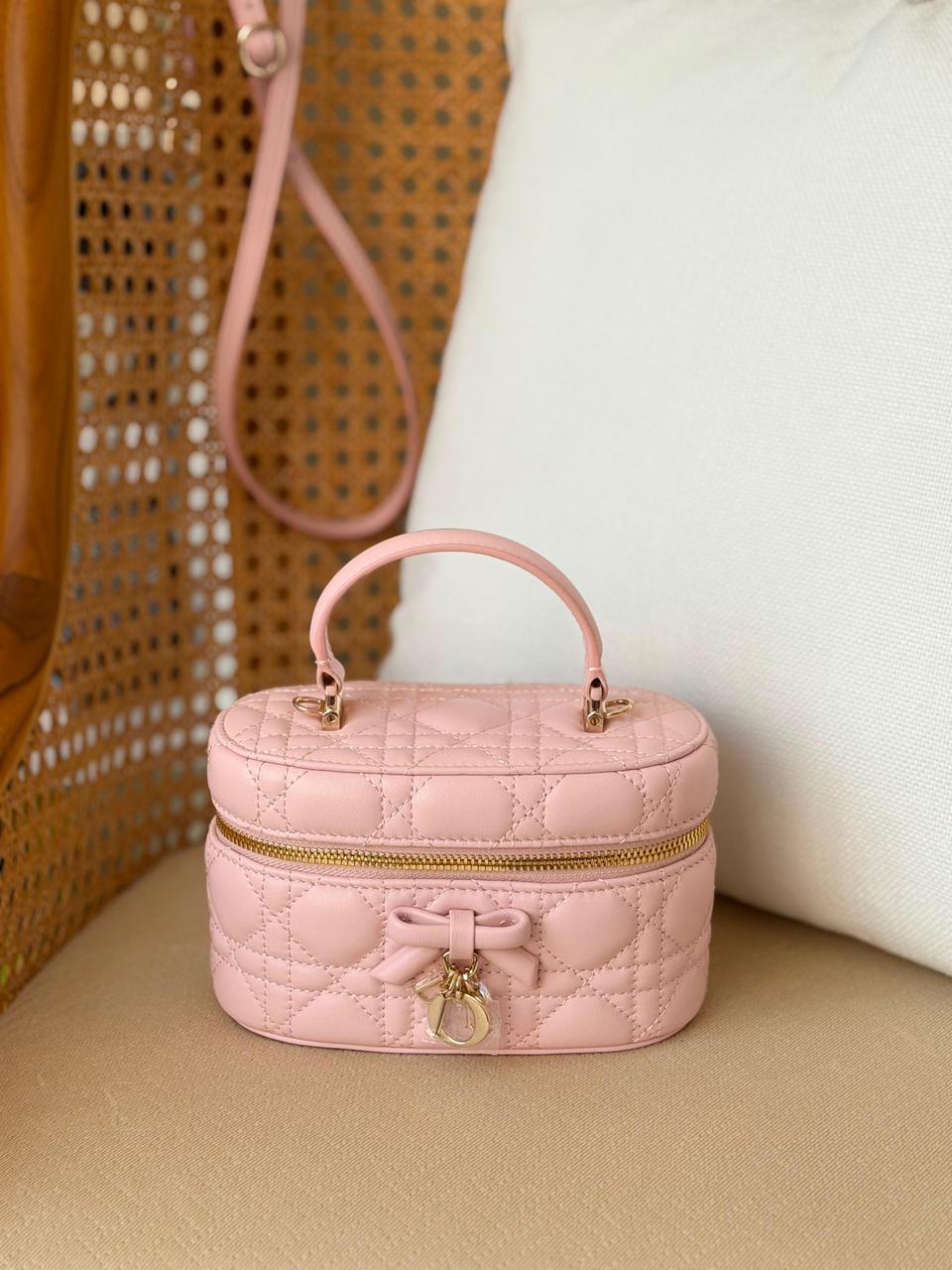 Dior Lady Cannage Quilted Leather Mini Vanity Case Bag – Luxury Bow Charm Top Handle