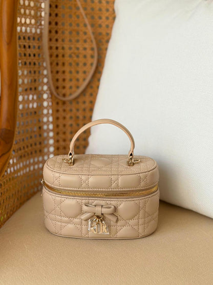 Dior Lady Cannage Quilted Leather Mini Vanity Case Bag – Luxury Bow Charm Top Handle