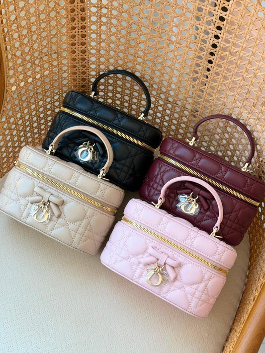 Dior Lady Cannage Quilted Leather Mini Vanity Case Bag – Luxury Bow Charm Top Handle