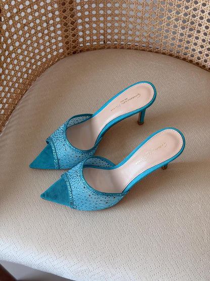 Gianvito Rossi Crystal Mesh Pointed-Toe Mules – Premium Suede Luxury Evening Heeled Sandals