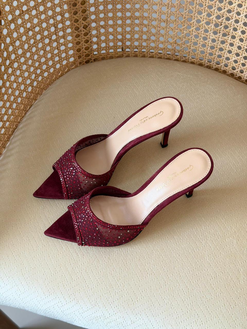 Gianvito Rossi Crystal Mesh Pointed-Toe Mules – Premium Suede Luxury Evening Heeled Sandals