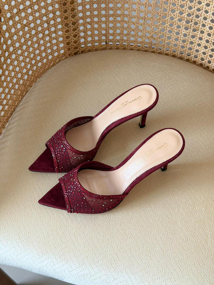Gianvito Rossi Crystal Mesh Pointed-Toe Mules – Premium Suede Luxury Evening Heeled Sandals