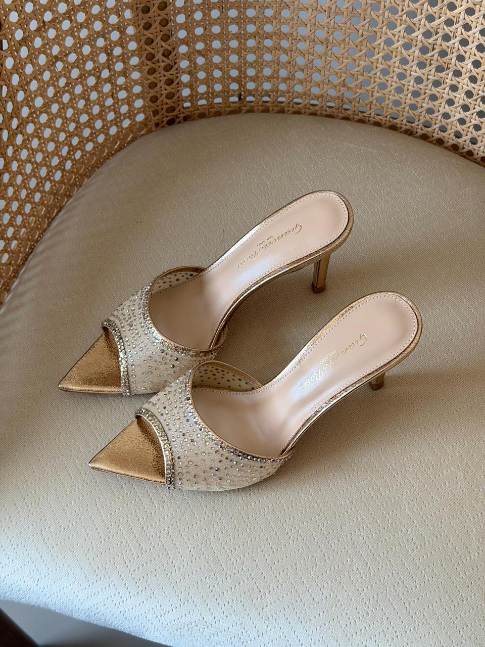 Gianvito Rossi Crystal Mesh Pointed-Toe Mules – Premium Suede Luxury Evening Heeled Sandals