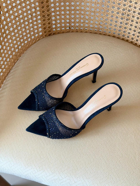 Gianvito Rossi Crystal Mesh Pointed-Toe Mules – Premium Suede Luxury Evening Heeled Sandals