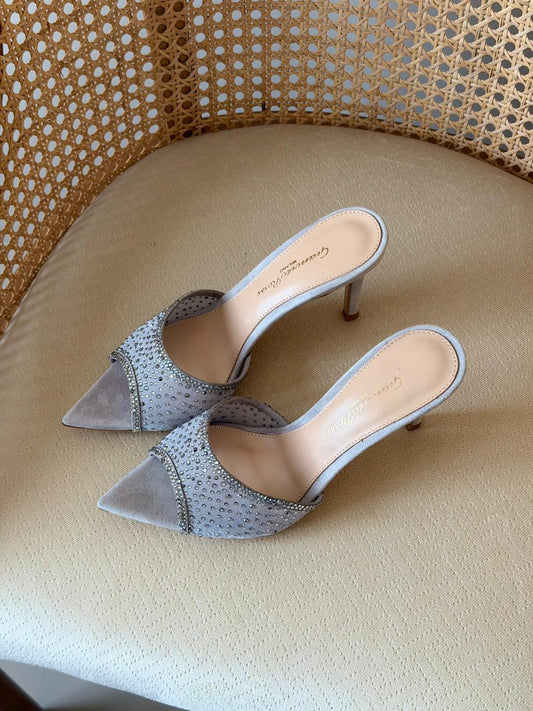 Gianvito Rossi Crystal Mesh Pointed-Toe Mules – Premium Suede Luxury Evening Heeled Sandals